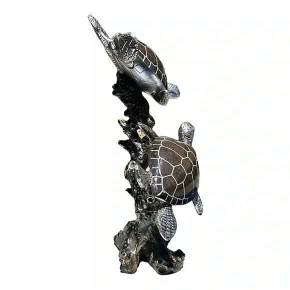 2 Swimming Sea Turtles Polystone Figurine 12" Decorative Coral Metallic Granite - Picture 4 of 9
